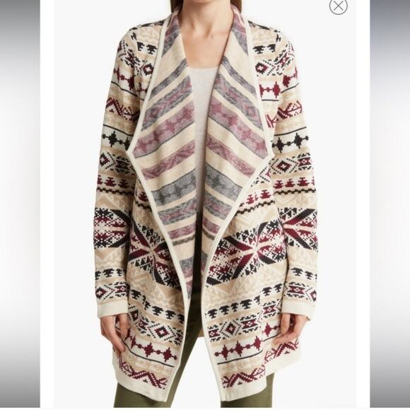 Lucky Brand Jacquard Cardigan Open Front Longline Aztec Southwest Size XL - Picture 1 of 9